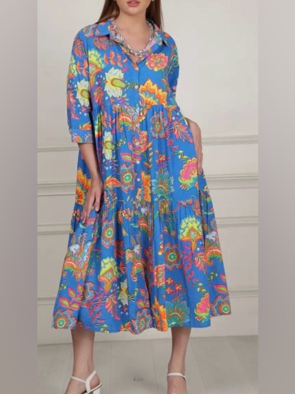 Avani Blue Floral Paisley Button-Front Midi Dress - XL